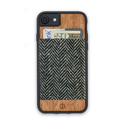 Wooden phone case with a sportcoat wallet on the back.